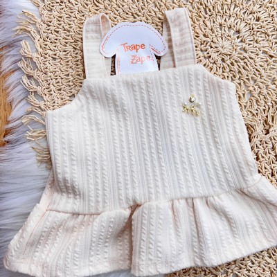 Conj. Batinha com Pérolas e Short em Sarja - Creme e Marrom